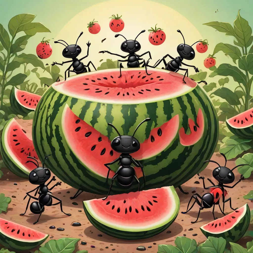 a group of ants are eating a large watermelon slice with other ants around it and some leaves, pop surrealism, a storybook illustration, Chris LaBrooy, detailed illustration