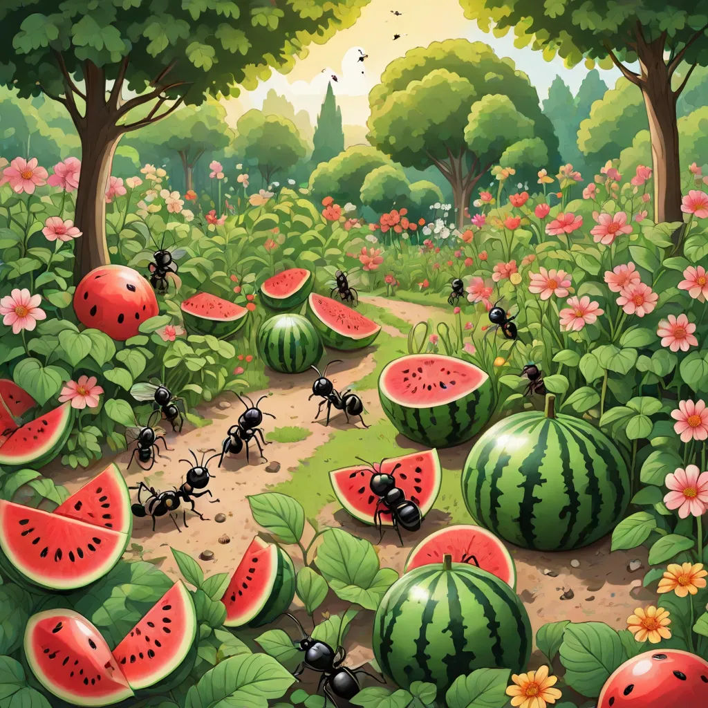 a painting of a field full of watermelon and ants eating them in the grass and flowers around them, pop surrealism, a storybook illustration, Chris LaBrooy, detailed illustration