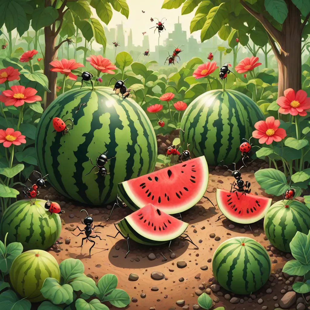 a painting of a group of watermelons and ants in a field of flowers and plants with a city in the background, pop surrealism, a storybook illustration, Chris LaBrooy, highly detailed digital painting