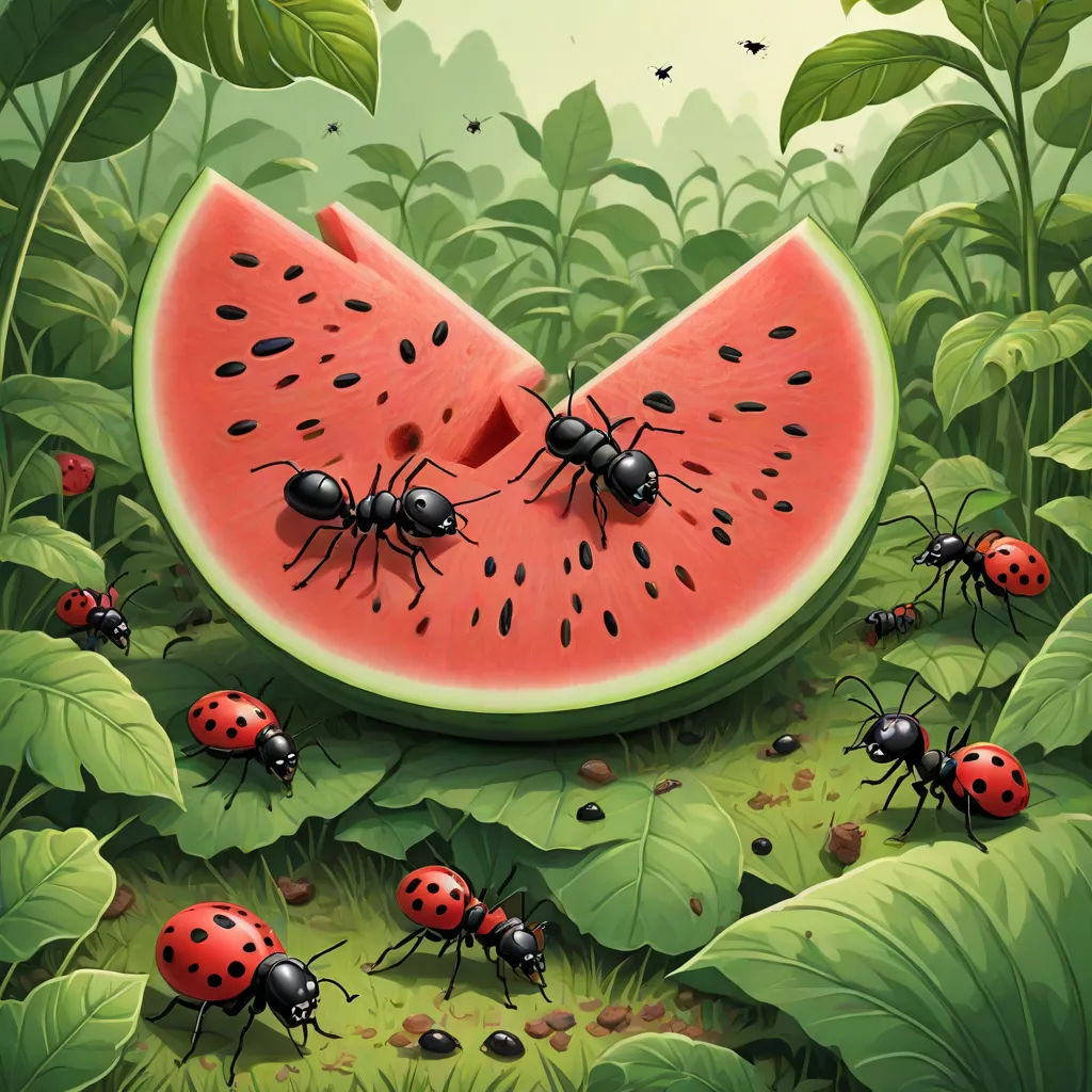 a group of ants are eating a watermelon slice in a field of leaves and grass with ladybugs, pop surrealism, a storybook illustration, Chris LaBrooy, highly detailed digital painting