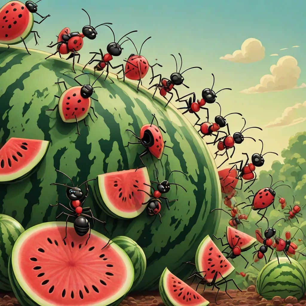 a group of ants are eating a large watermelon slice with other ants on it and on the ground, pop surrealism, a surrealist painting, Chris LaBrooy, detailed illustration
