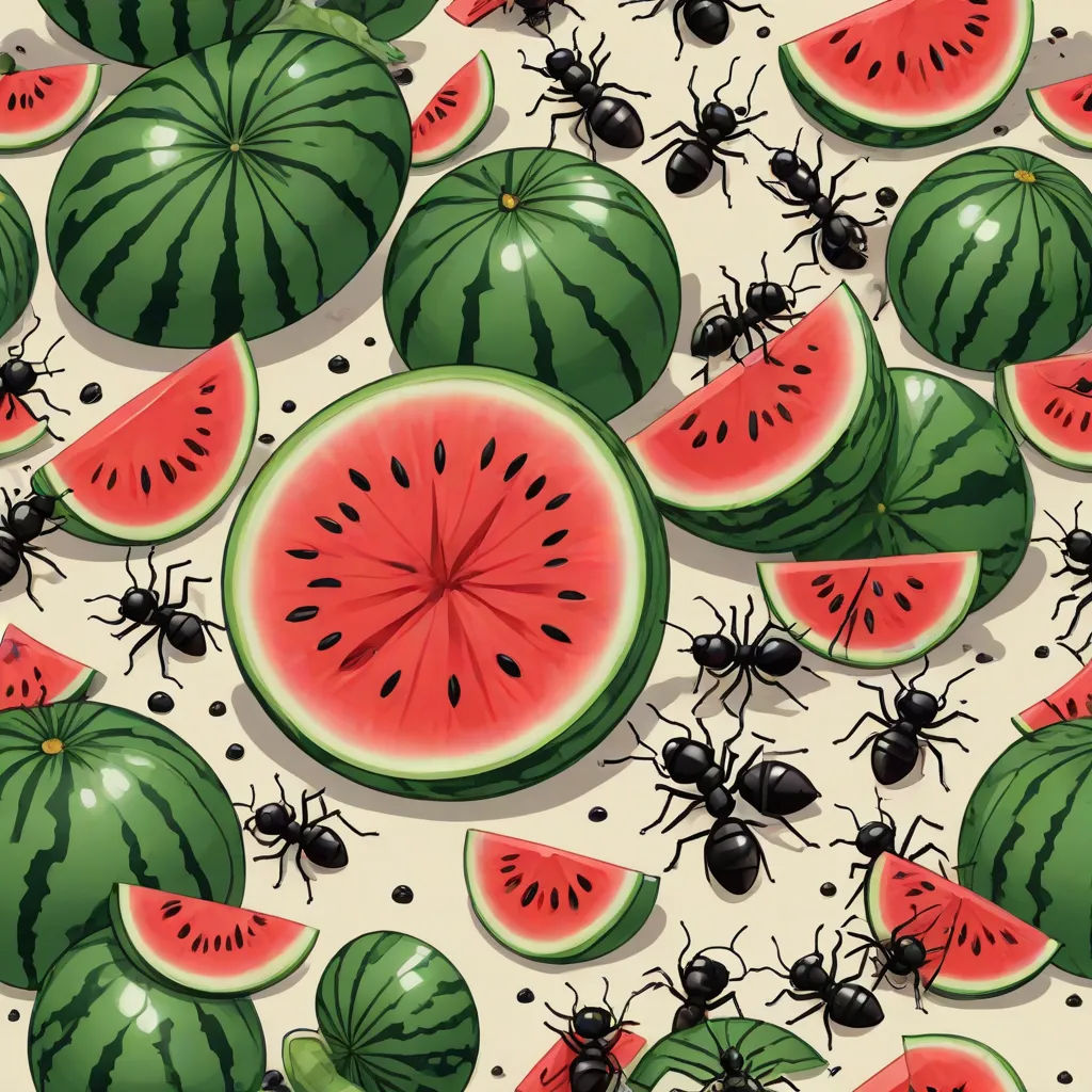 a bunch of watermelon slices and black ants on a white background with black dots and dots of black dots, pop surrealism, an illustration of, Asaf Hanuka, detailed illustration