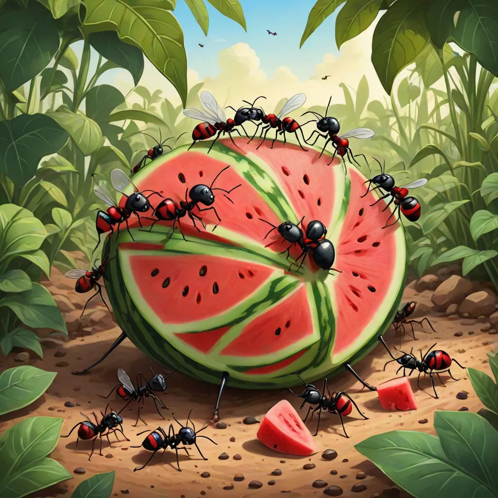 a group of ants are eating a watermelon slice in the middle of a field of leaves and grass, pop surrealism, a detailed painting, Chris LaBrooy, detailed illustration