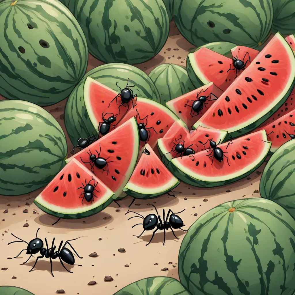 a group of ants standing next to a pile of watermelon slices and slices of watermelon, hyperrealism, a detailed painting, Asaf Hanuka, official art