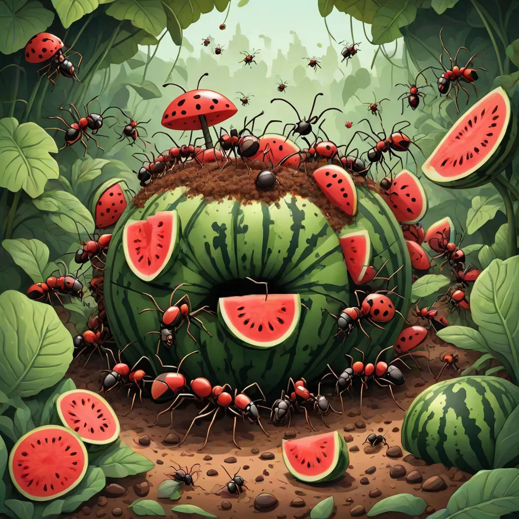 a group of ants are eating a large watermelon in a forest of leaves and berries, with a group of ants on the ground, pop surrealism, a storybook illustration, Chris LaBrooy, detailed illustration