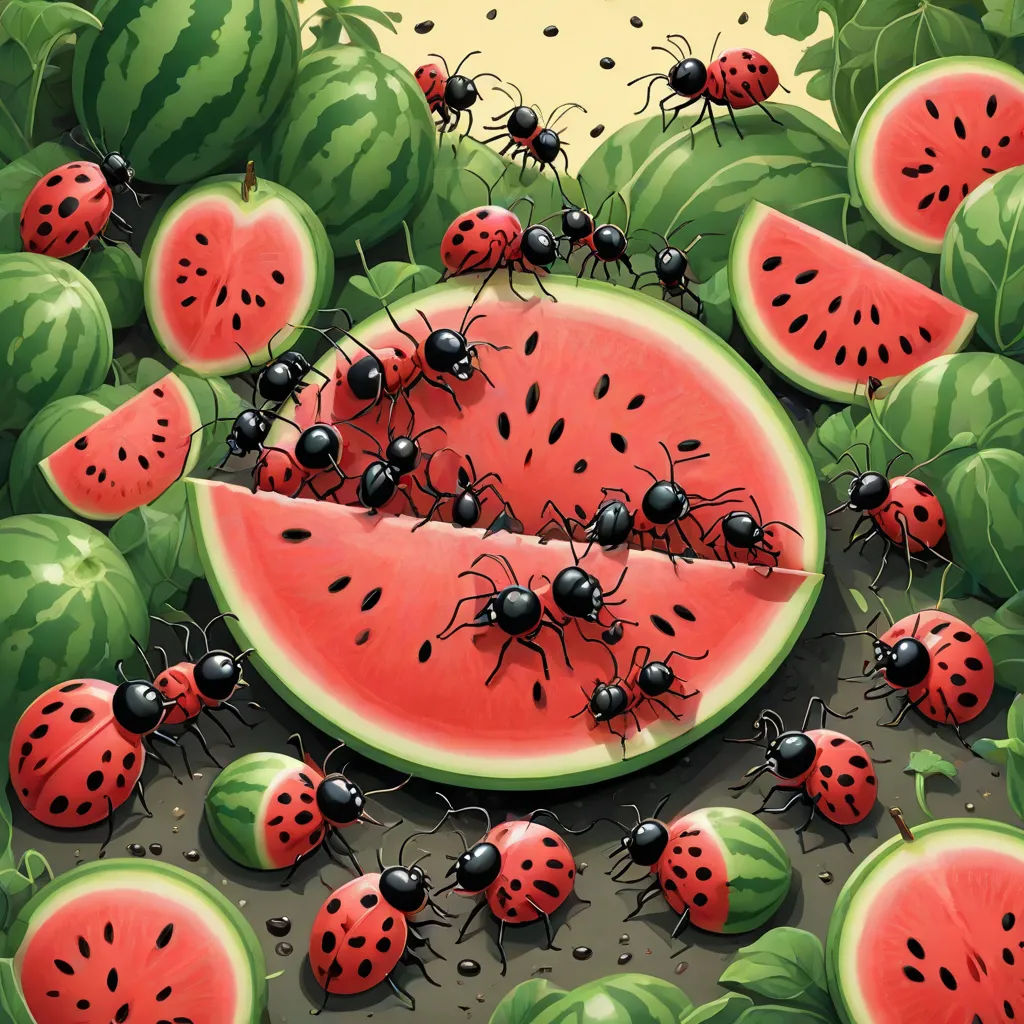 a group of watermelon slices and black bugs on them with leaves and watermelon slices in the background, pop surrealism, a storybook illustration, Chris LaBrooy, detailed illustration