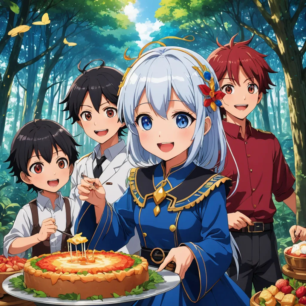 a group of people standing around a cake in the forest with a cake on a plate in front of them, rayonism, a stock photo, Aya Goda, official art