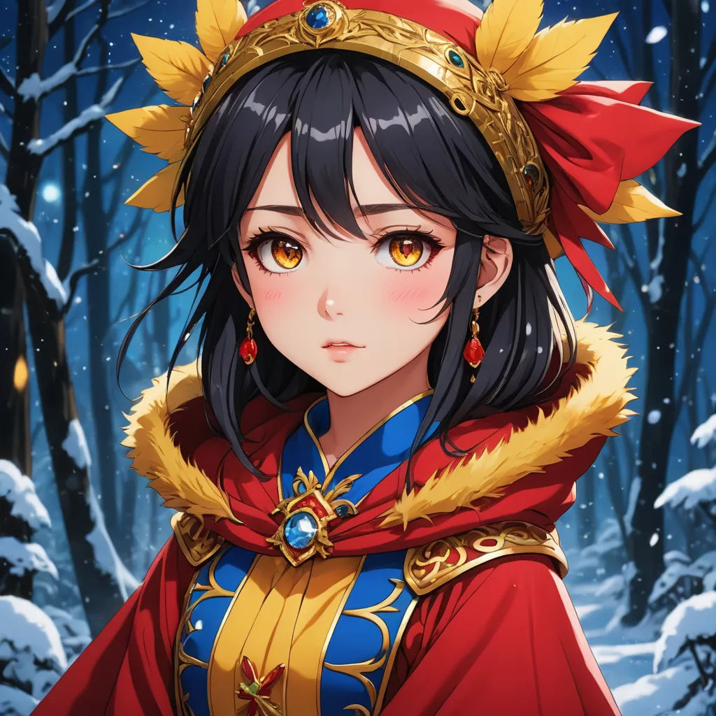 a woman in a red and blue outfit in the snow with a red scarf around her neck and a gold crown on her head, sots art, a character portrait, Artgerm, official art