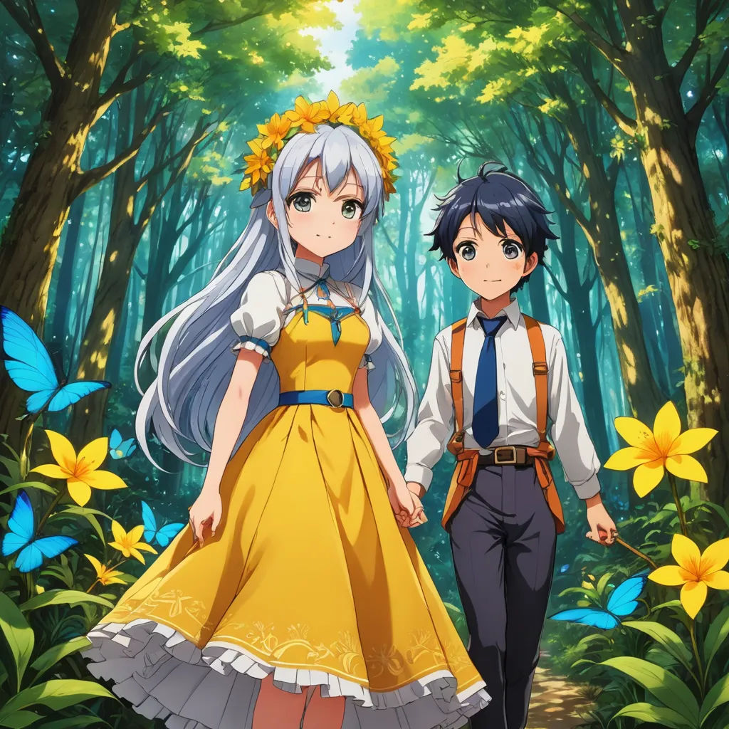 a couple of people standing in a forest with flowers on their head and a butterfly on their forehead,, neo-romanticism, poster art, Anne Said, official art