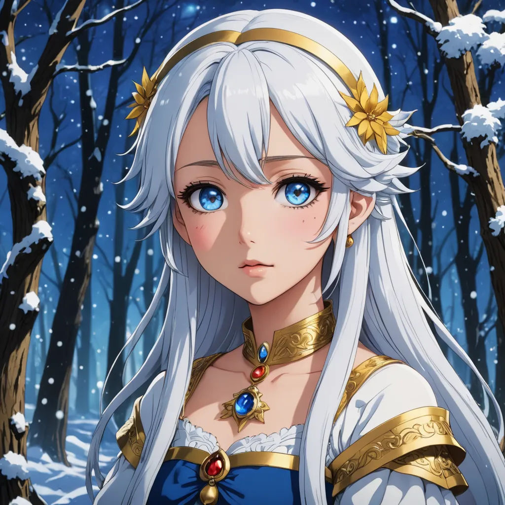 a woman in a blue dress standing in front of a forest with snow on it and trees in the background, fantasy art, a detailed painting, Artgerm, rossdraws global illumination