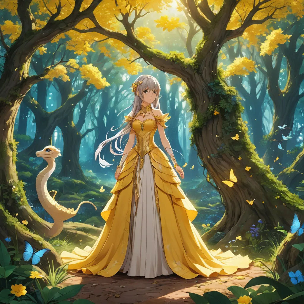 a woman in a yellow dress standing in a forest with a dragon nearby and a bird flying overhead in the air, fantasy art, a storybook illustration, Alice Prin, rossdraws global illumination