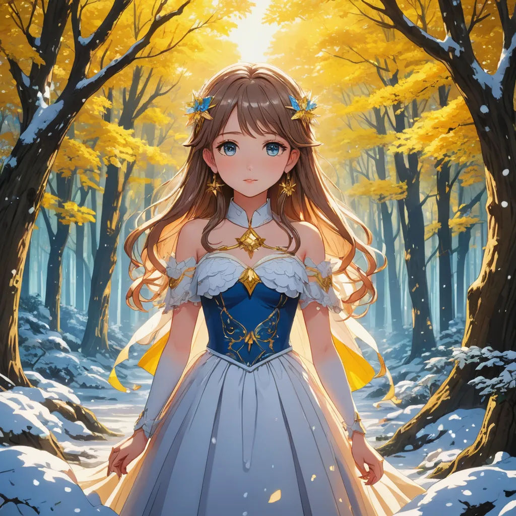 a girl in a blue dress standing in the snow in a forest with trees and snow on the ground, sots art, a detailed painting, Arthur Hughes, official art