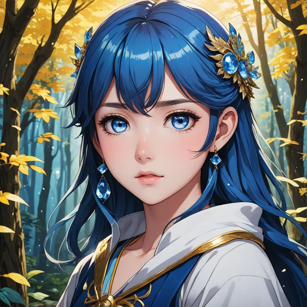 a girl with blue hair and blue eyes in a forest with yellow leaves and yellow leaves on her head, fantasy art, a character portrait, Artgerm, rossdraws global illumination