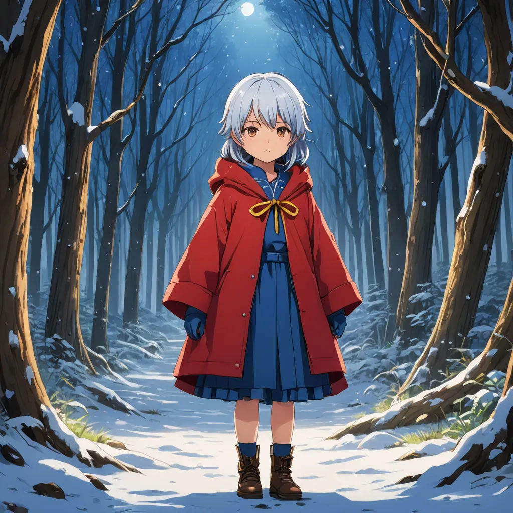 a girl in a red coat standing in a snowy forest with trees and snow on the ground and a light shining on her, serial art, poster art, Ayako Rokkaku, official art