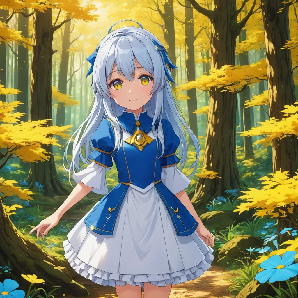 a girl in a blue dress standing in a forest with yellow flowers on the ground and trees in the background, rococo, a character portrait, Alice Prin, official art