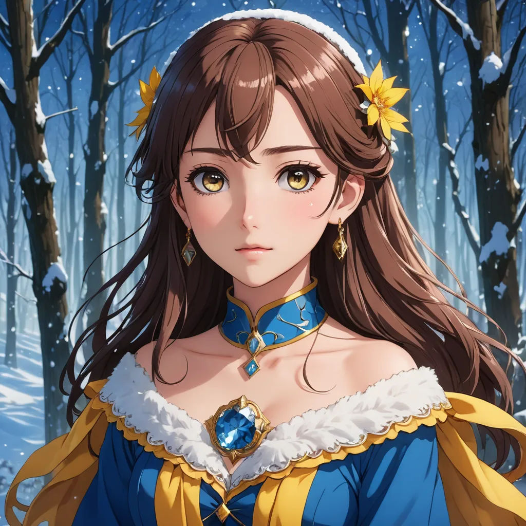 a woman in a blue dress standing in the snow with trees in the background and snow falling on her head, sots art, a character portrait, Artgerm, game art