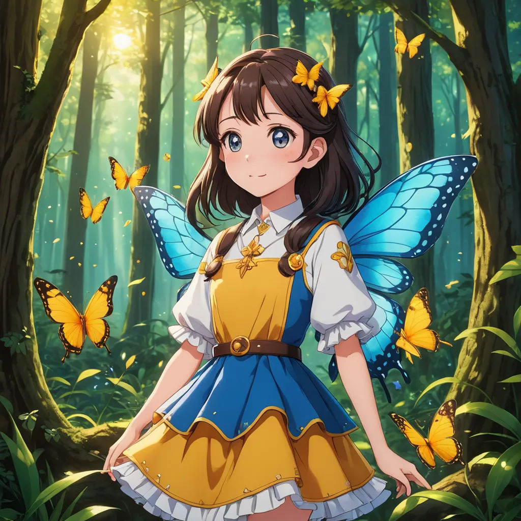 a girl in a yellow dress standing in a forest with butterflies around her and a butterfly in her hand, magic realism, a painting, Ai-Mitsu, official art