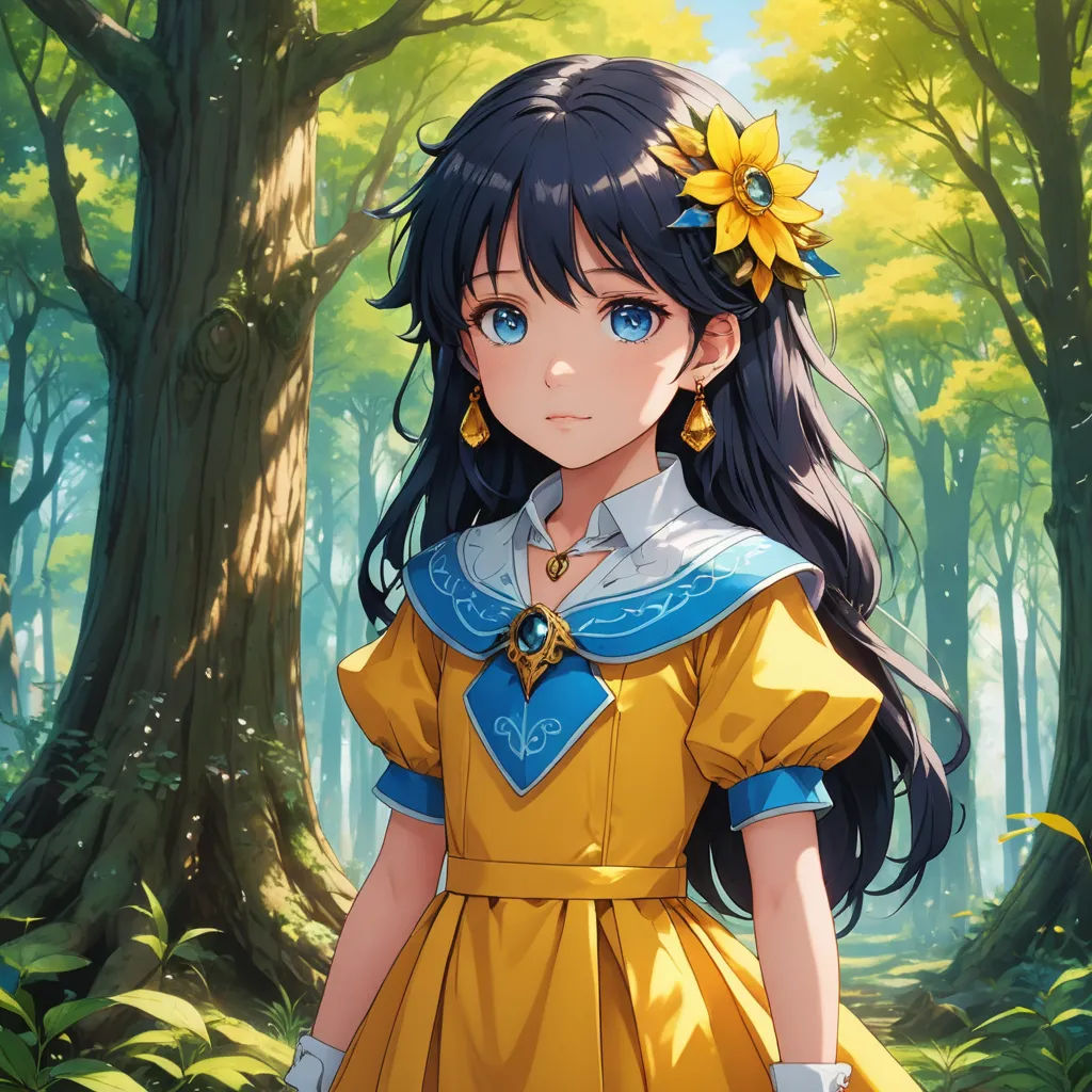 a girl in a yellow dress standing in a forest with a yellow flower in her hair and a yellow flower in her hair, fantasy art, a character portrait, Alice Prin, official art