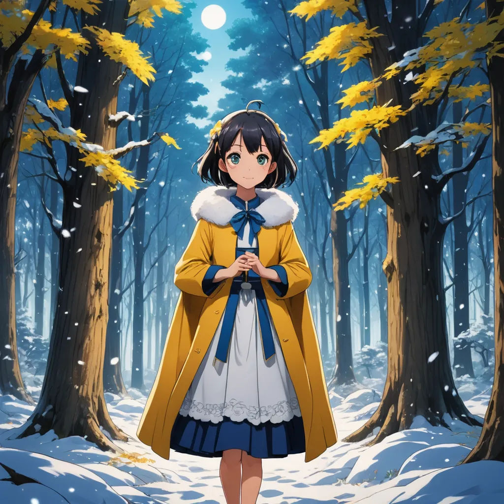 a girl in a yellow coat is walking through the woods in winter time with snow on the ground and trees, rayonism, poster art, Ai-Mitsu, official art