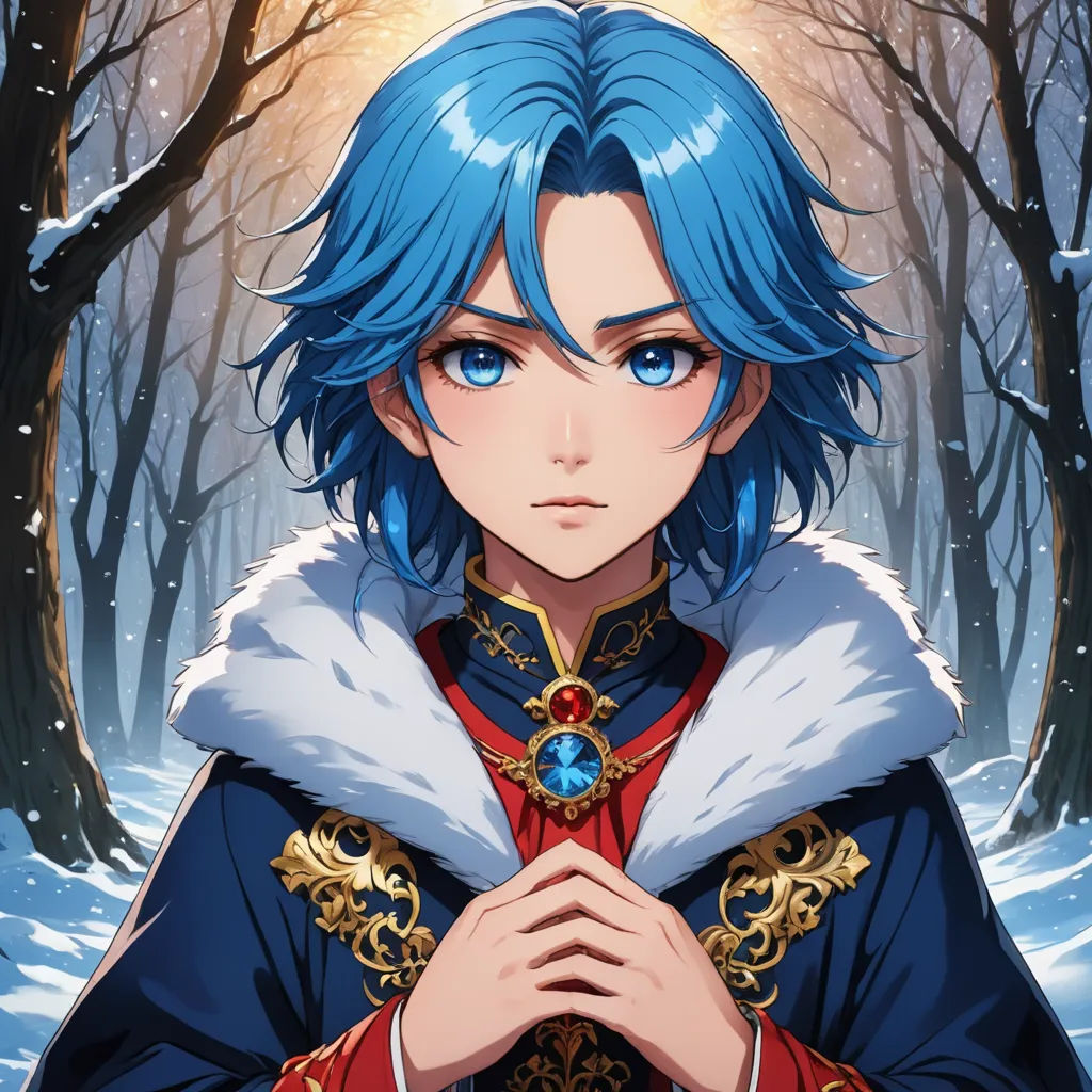 a anime character with blue hair and a blue cape in a snowy forest with trees and snow on the ground, sots art, a character portrait, Alice Prin, official art