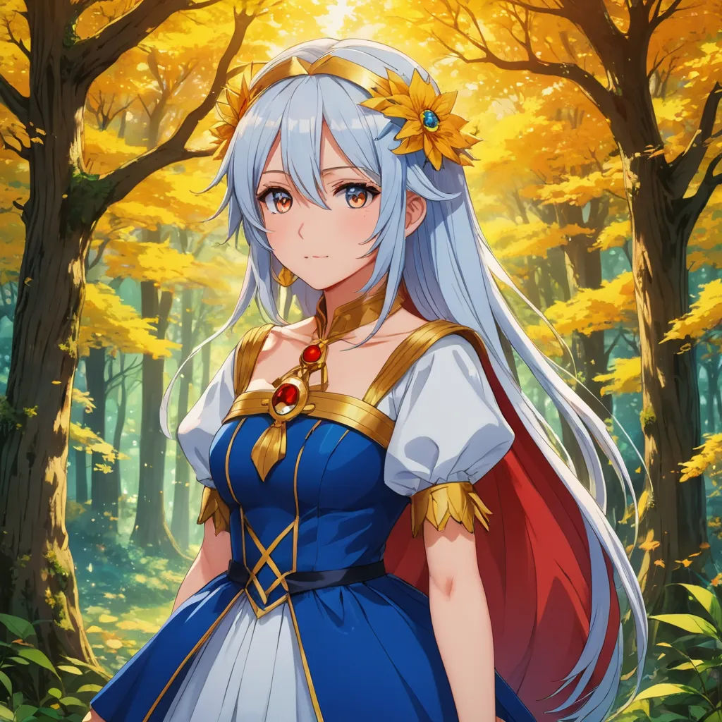 a woman in a blue dress standing in a forest with trees and leaves around her, with a yellow crown on her head, sots art, a character portrait, Alice Prin, official art