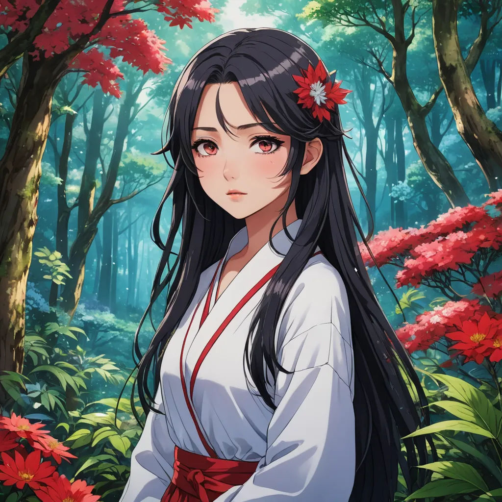 a woman in a white dress standing in a forest with red flowers in her hair and a red flower in her hair, sots art, a character portrait, Ayako Rokkaku, official art