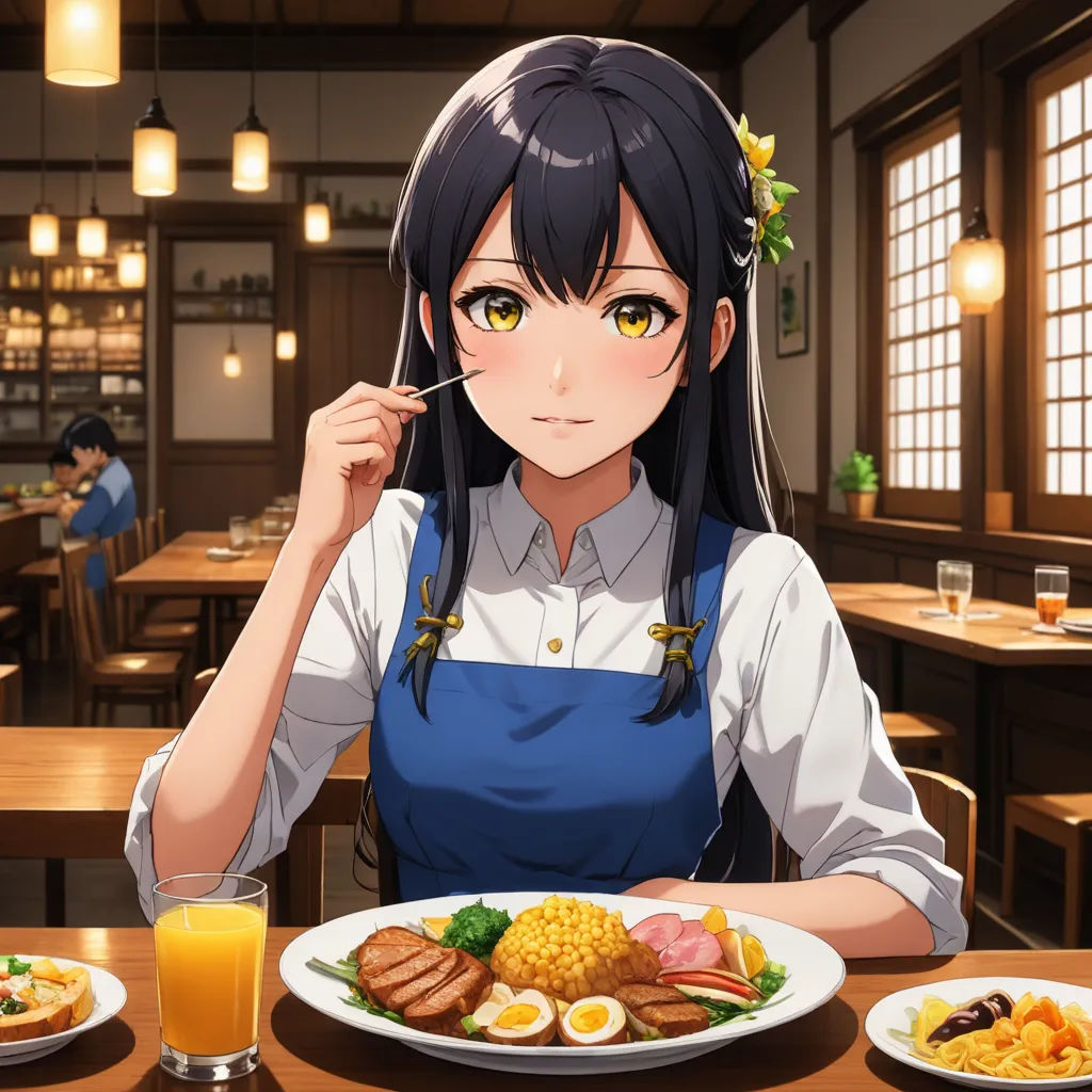 a woman sitting at a table with a plate of food in front of her and a glass of orange juice, dau-al-set, a stock photo, Aya Goda, official art