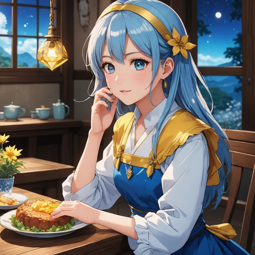 a girl in a blue dress sitting at a table with a plate of food in front of her and a window, remodernism, a detailed painting, Aya Goda, official art