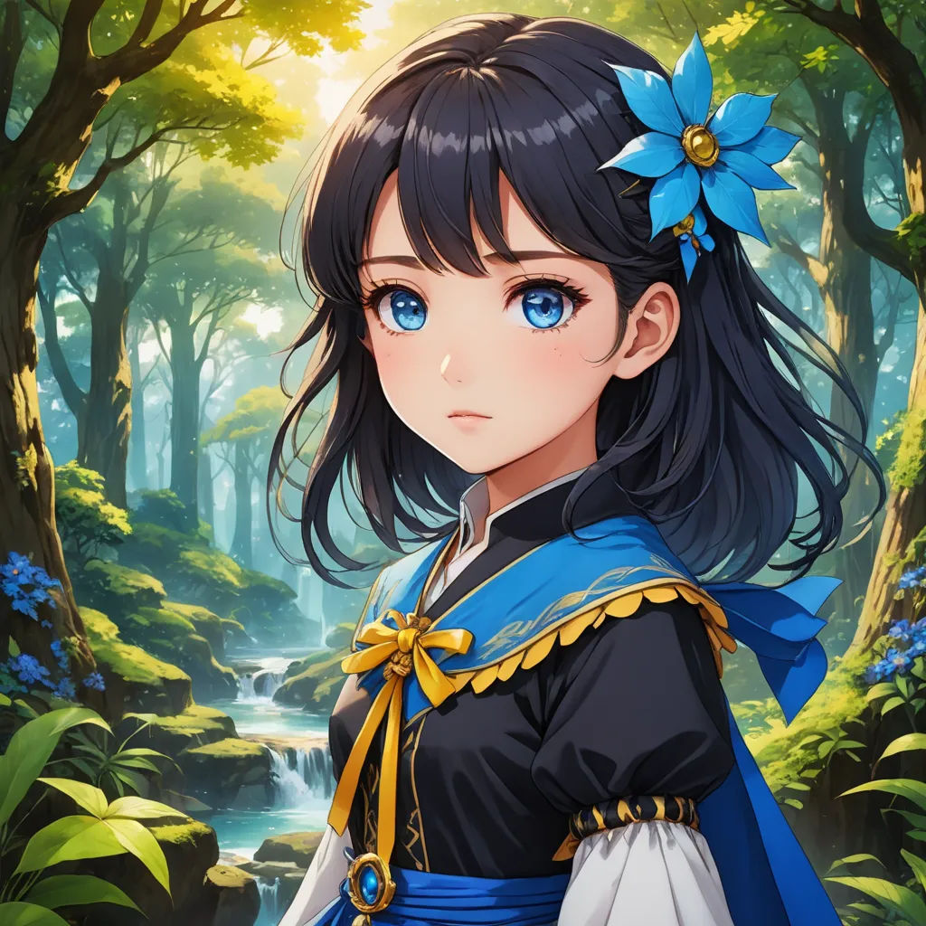 a girl in a blue dress standing in a forest with a stream of water behind her and a blue flower in her hair, fantasy art, a character portrait, Alice Prin, rpg portrait