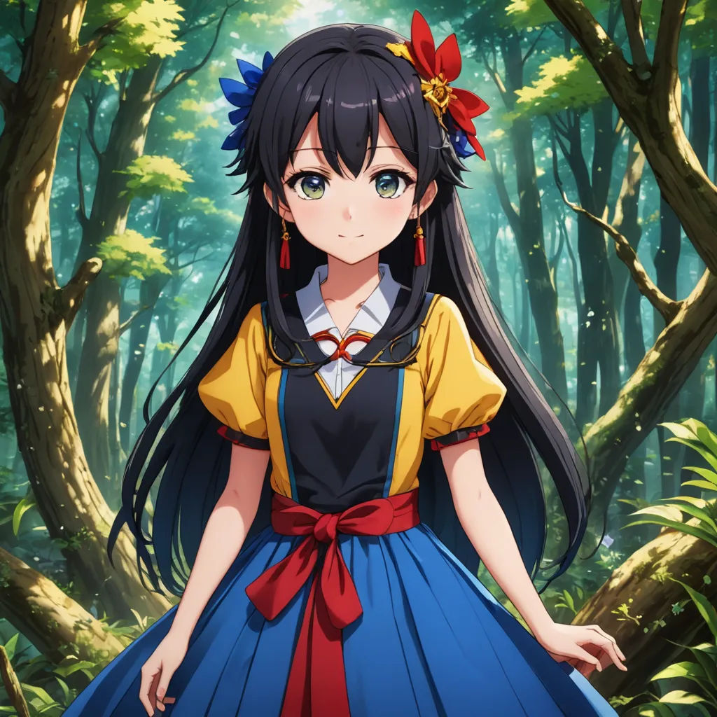 a girl in a blue dress standing in a forest with trees and bushes behind her, with a red bow in her hair, synthetism, a character portrait, Ai-Mitsu, official art