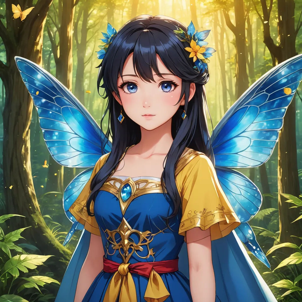 a girl in a blue dress with a butterfly on her shoulder and a yellow dress on her shoulder, in a forest, fantasy art, a character portrait, Ai-Mitsu, official art
