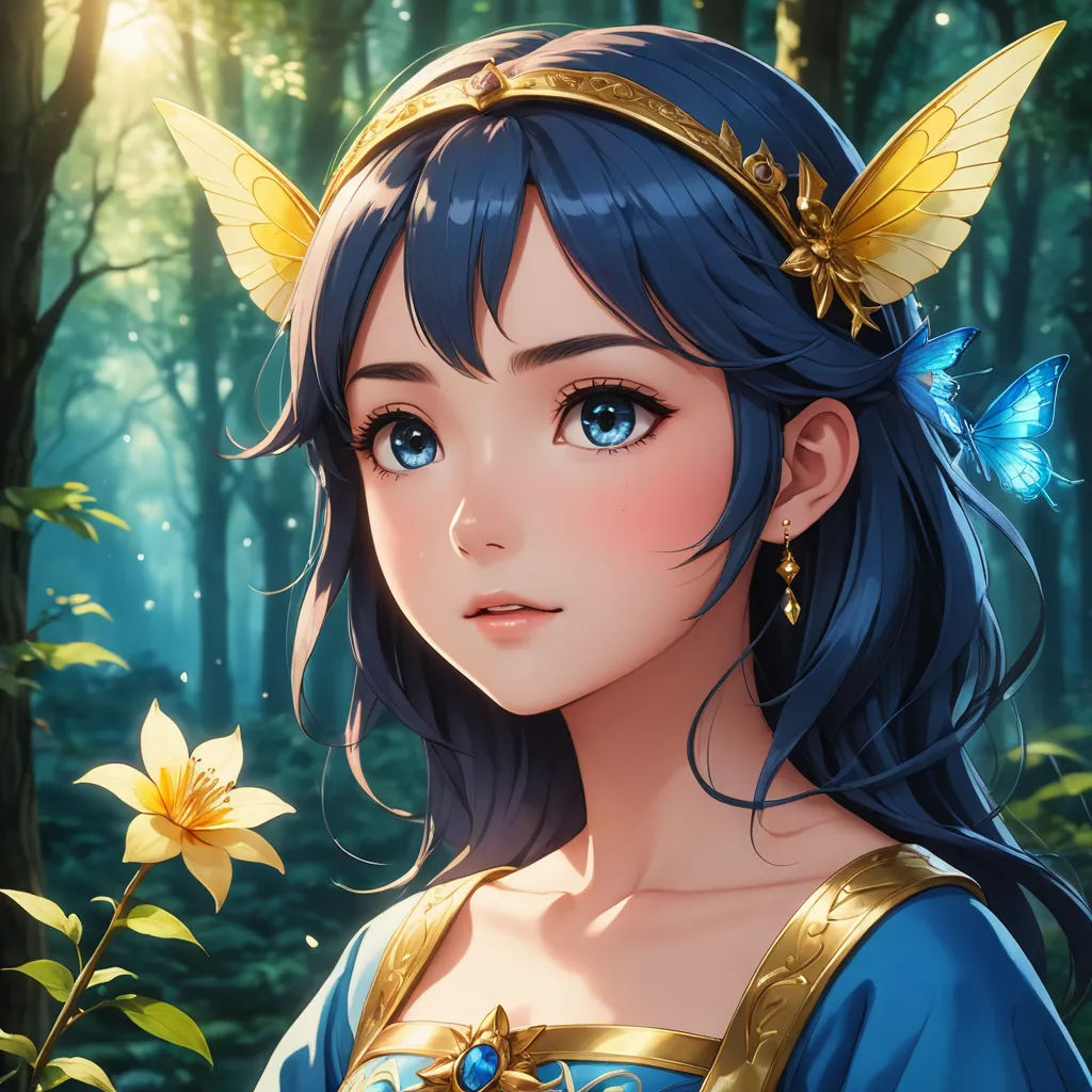 a girl in a blue dress with a butterfly on her head and a flower in her hand in front of a forest, fantasy art, a detailed painting, Artgerm, rossdraws global illumination