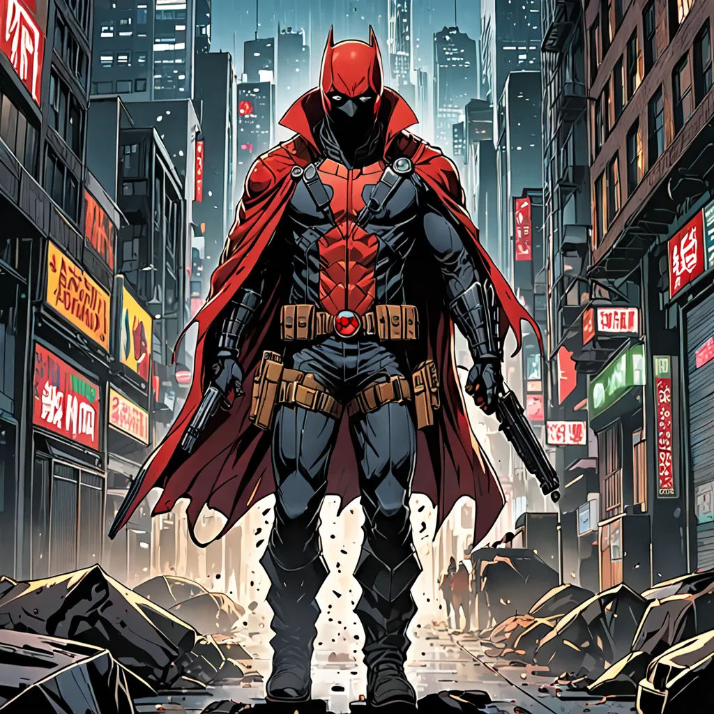 a man in a red cape standing in a city street with a gun in his hand and a red cape on his head, context art, a comic book panel, Eddie Mendoza, comic cover art