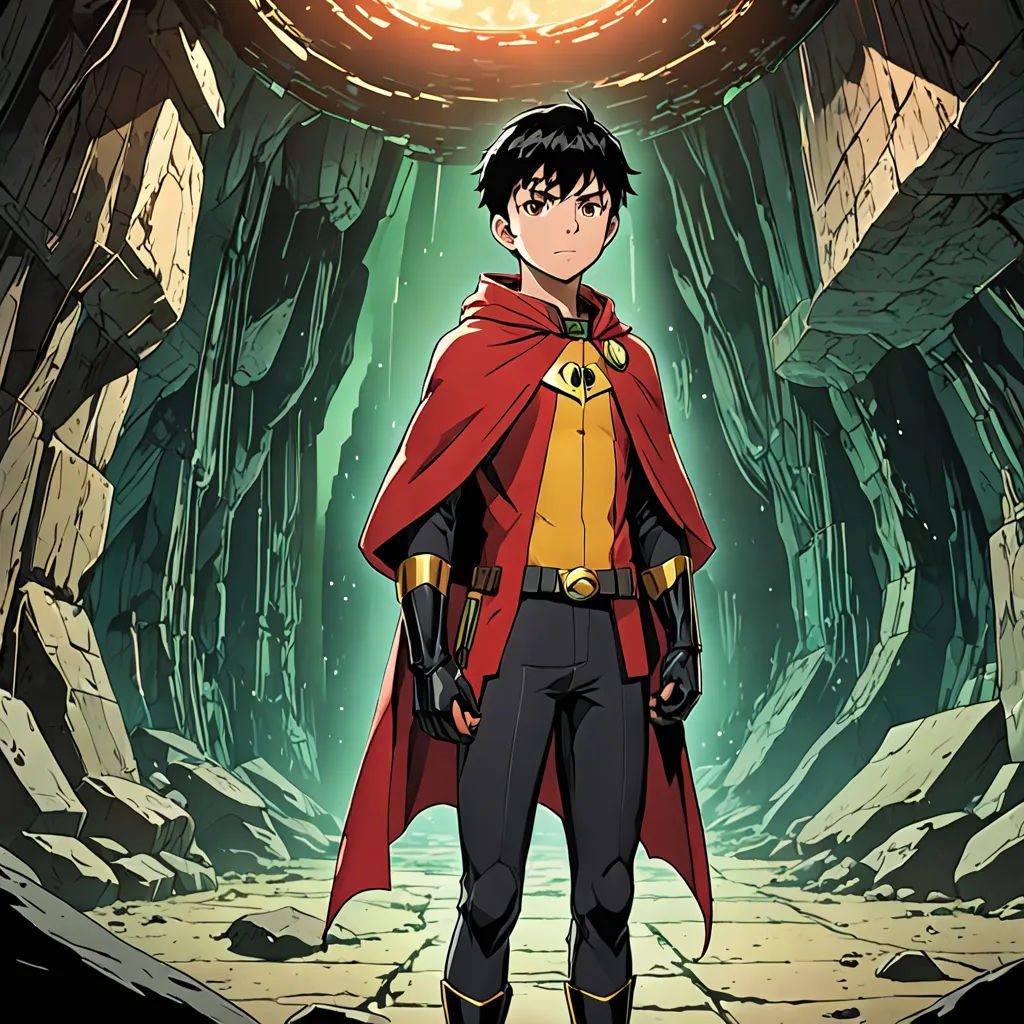 a man in a red cape standing in a tunnel with a light on his head and a light on his chest, rayonism, poster art, Adam Manyoki, anime key visual