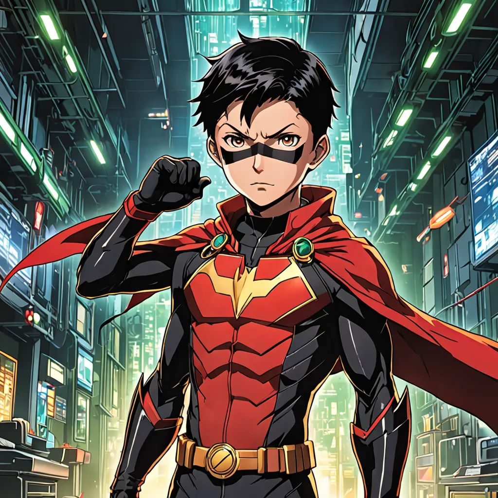 a man in a red and black costume standing in a city with a red cape on his head and a red cape on his chest, rayonism, a poster, Adam Manyoki, anime key visual