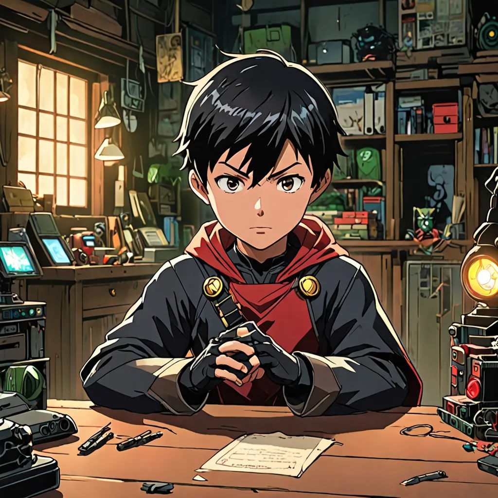 a boy sitting at a table with a gun in his hand and a robot in the background with a light on, rayonism, computer graphics, Akihiko Yoshida, anime key visual