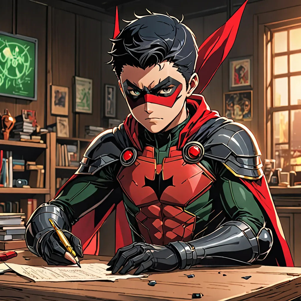 a man in a red cape sitting at a desk with a pen and paper in his hand and a book in his other hand, academic art, a comic book panel, Artgerm, official art
