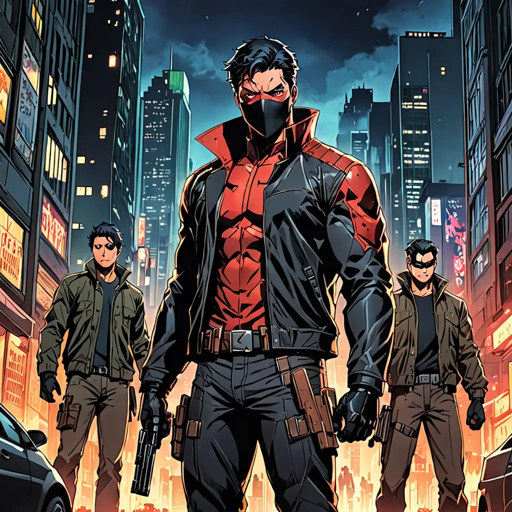 a group of men standing in a city at night with a red hoodie on and a gun in his hand, cobra, a comic book panel, Eddie Mendoza, comic cover art