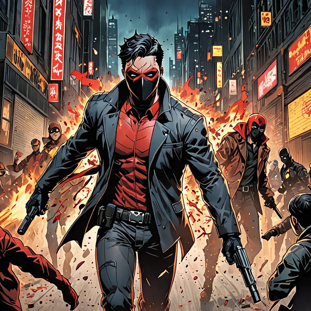 a man in a red shirt and black jacket holding a gun in a city street with a bunch of zombies, antipodeans, a comic book panel, Eddie Mendoza, comic cover art