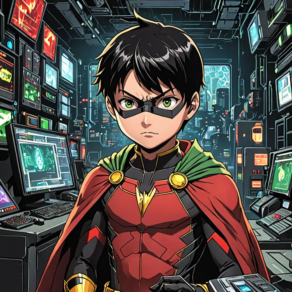 a man in a red cape standing in front of a computer desk with a lot of monitors on it, rayonism, a comic book panel, Artgerm, official art