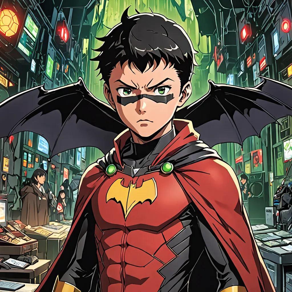 a man in a red cape and black mask standing in a room with a green light behind him and a red bat, rayonism, a comic book panel, Artgerm, official art