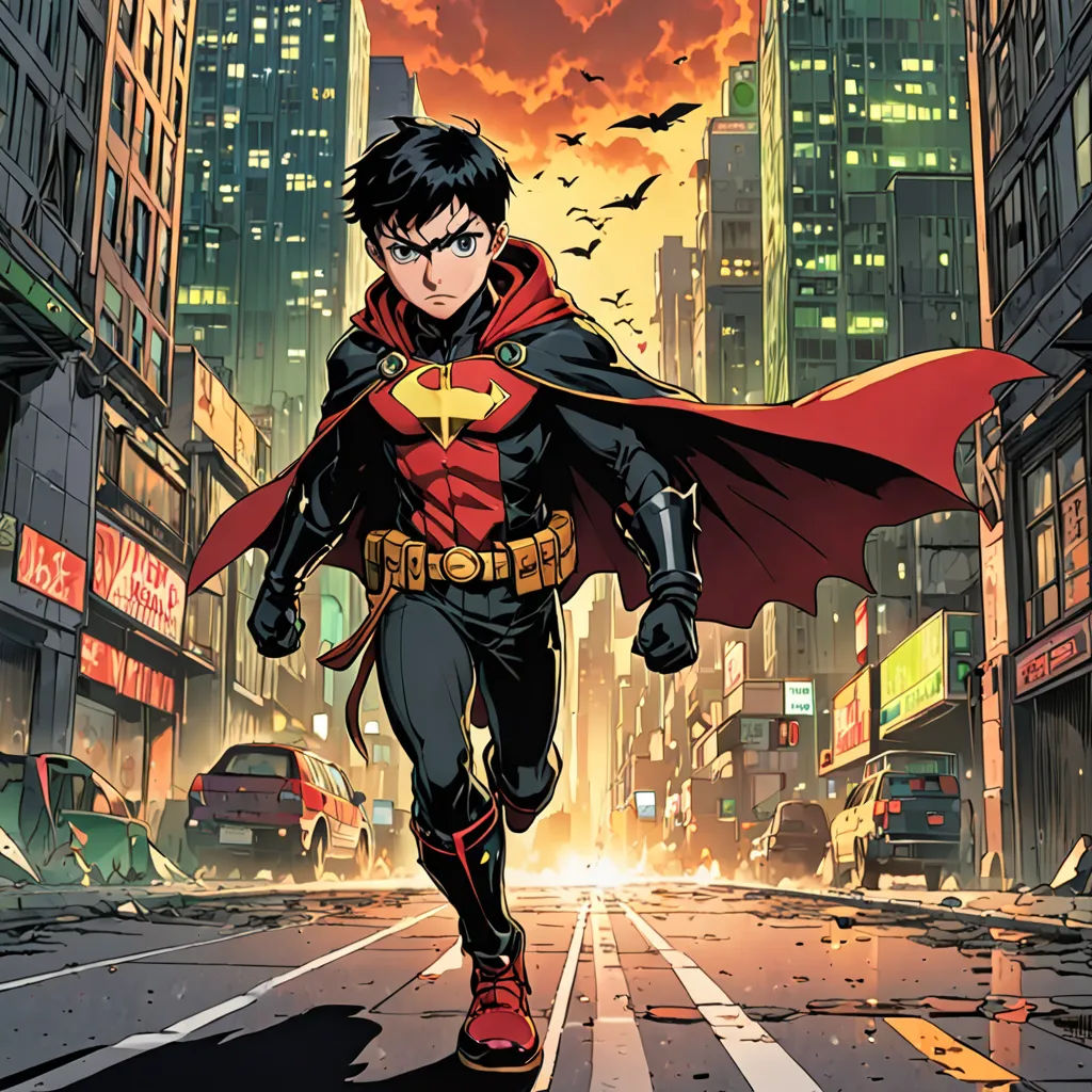 a man in a red and black suit is walking down a street in a city at night with a red cape, cloisonnism, a comic book panel, Dustin Nguyen, official art
