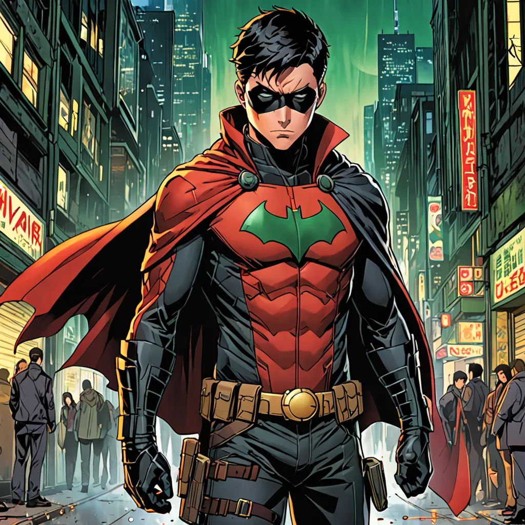 a man in a red and green cape standing in a city street with a crowd of people behind him, cloisonnism, a comic book panel, Dustin Nguyen, comic cover art