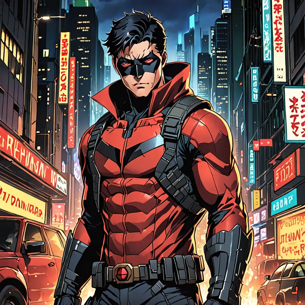 a man in a red and black costume standing in a city street with a gun in his hand and a cityscape in the background, rayonism, a comic book panel, Artgerm, official art