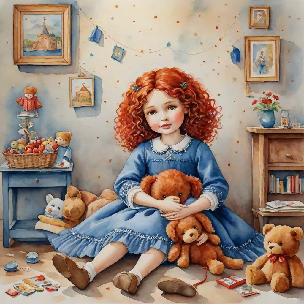 a painting of a girl holding a teddy bear in a room with other toys and a table with a teddy bear, a storybook illustration, Caroline Lucy Scott, figurative art, highly detailed oil painting