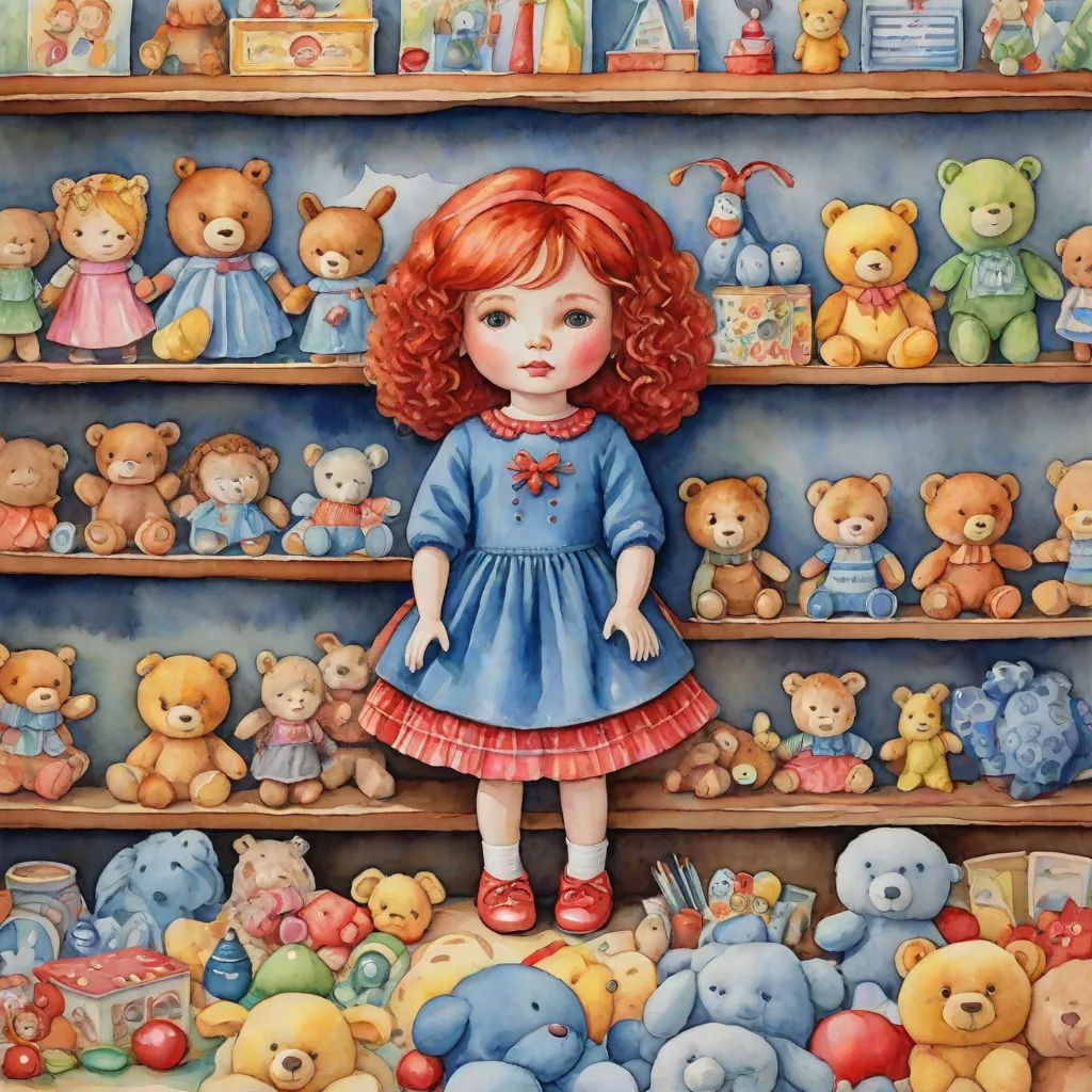 a painting of a girl standing in front of a shelf of teddy bears and other stuffed animals in a room, a storybook illustration, Brom, figurative art, highly detailed oil painting