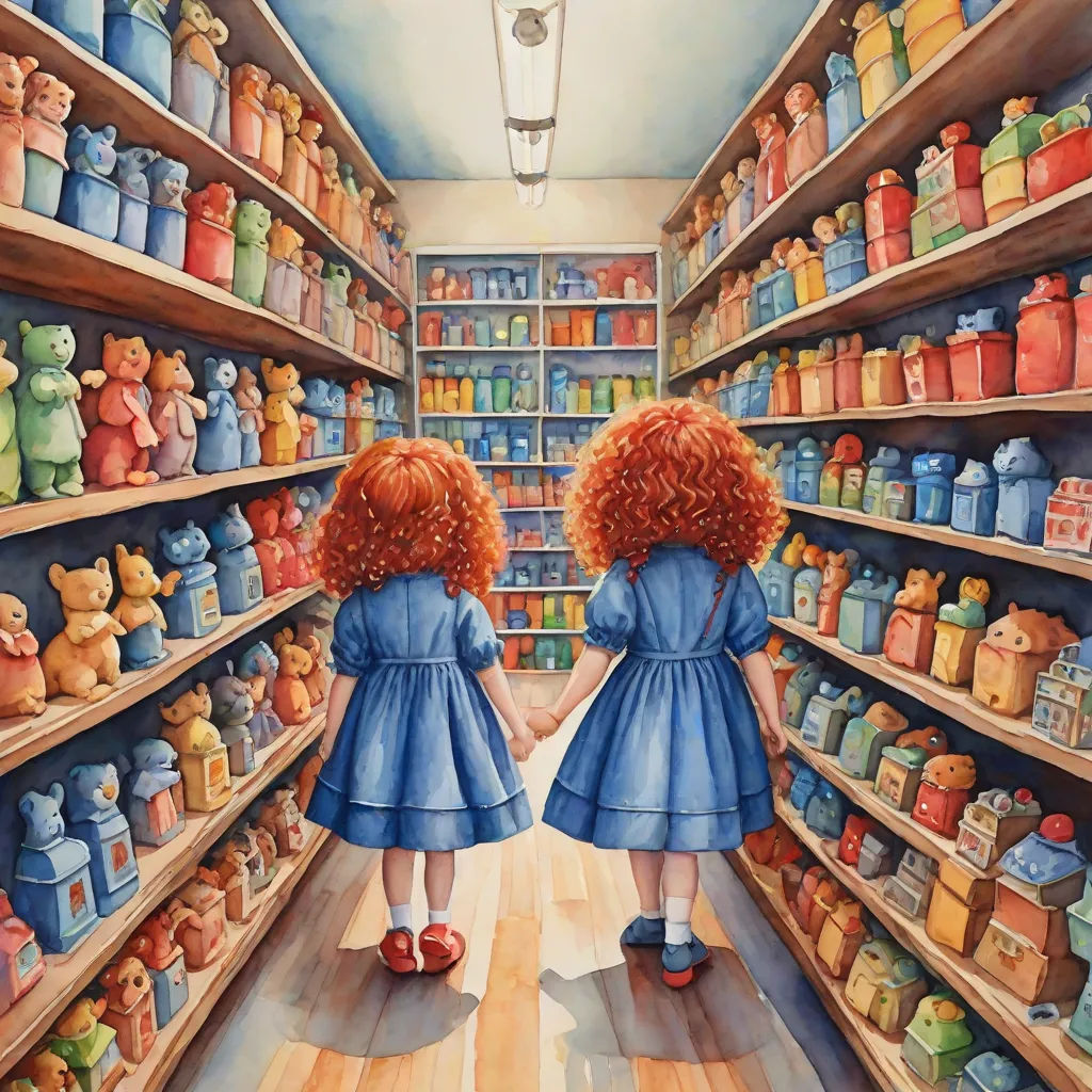 two little girls are standing in a store aisle looking at teddy bears and other items on shelves in the background, a storybook illustration, Elizabeth Durack, figurative art, storybook illustration