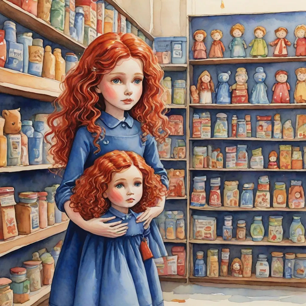 a painting of a girl and a doll in a store aisle with shelves of dolls and dolls behind them, a storybook illustration, Arthur Hughes, pop surrealism, storybook illustration