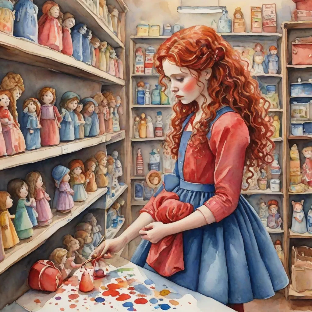 a painting of a girl in a store with a palette and doll shelves behind her, and a shelf full of dolls, an oil painting, Bob Byerley, figurative art, highly detailed oil painting