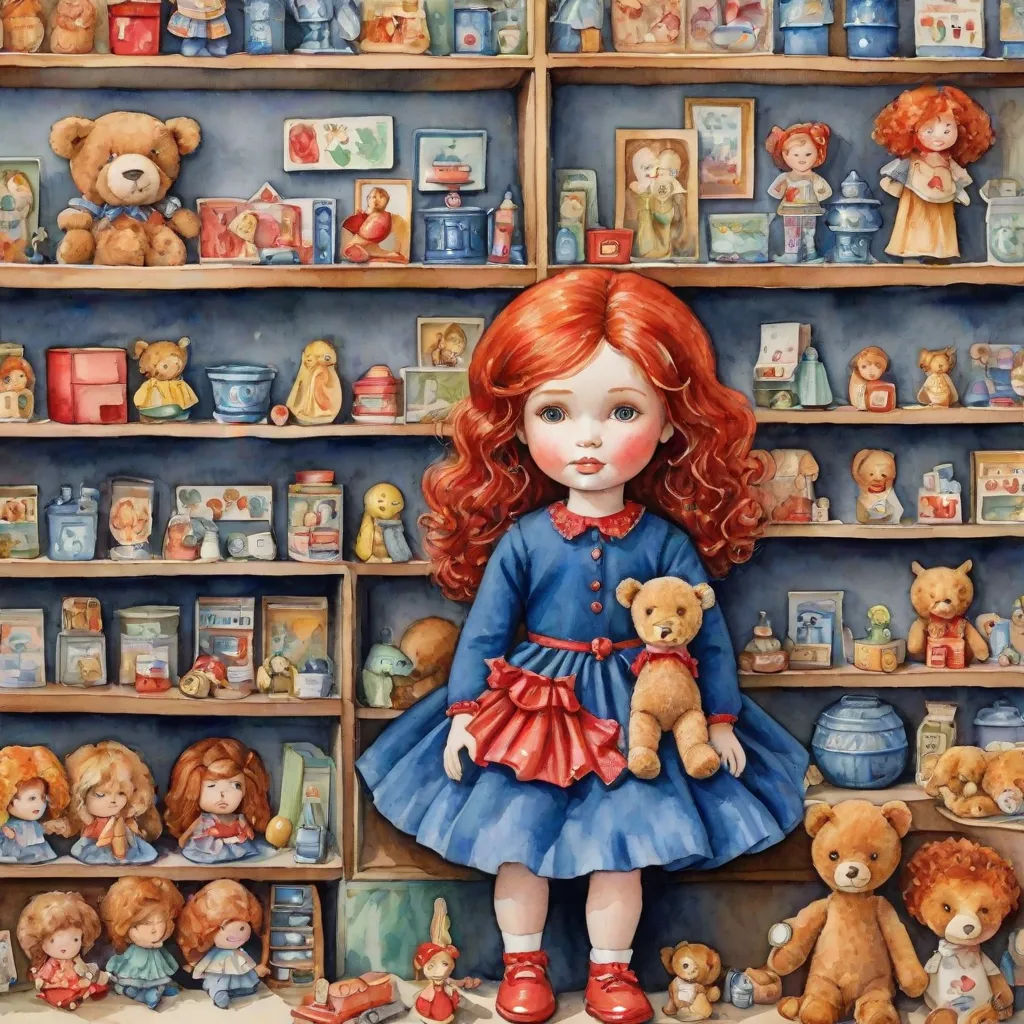 a painting of a girl with red hair and a teddy bear in a blue dress in front of a shelf of teddy bears, a storybook illustration, Caroline Lucy Scott, pop surrealism, highly detailed oil painting